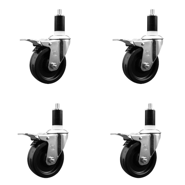 4'' Phenolic Swivel 1-3/8'' Expanding Stem Caster Set Total Lock Brake, 4PK